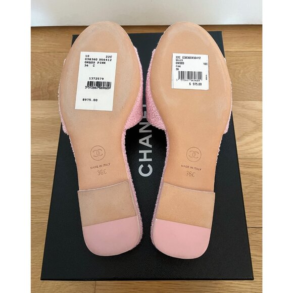 CHANEL - Brand New NIB Chanel Pink Tweed & Leather CC Slides Size 36 - Picture 7 of 14